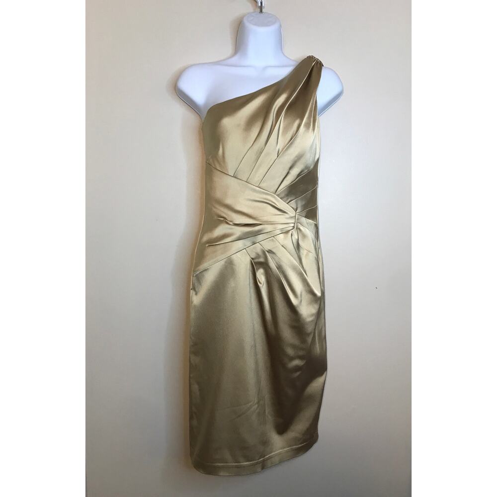 Cache Womens Gold One Shoulder Satin Cocktail Dress 4 Ruched
